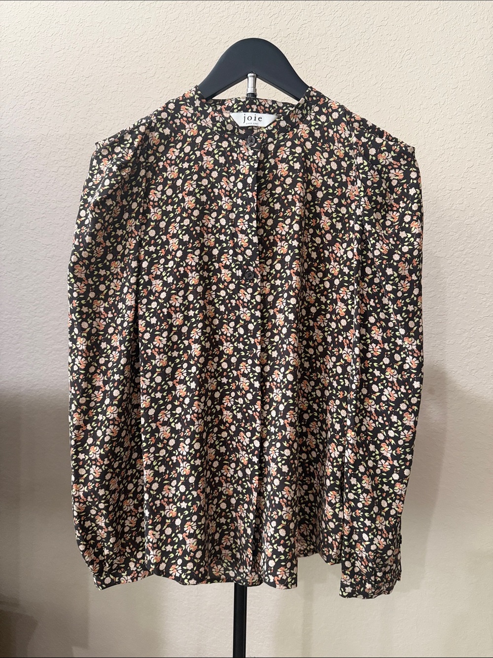 Joie Black Floral Button-Up Blouse with Pink and Cream Accents